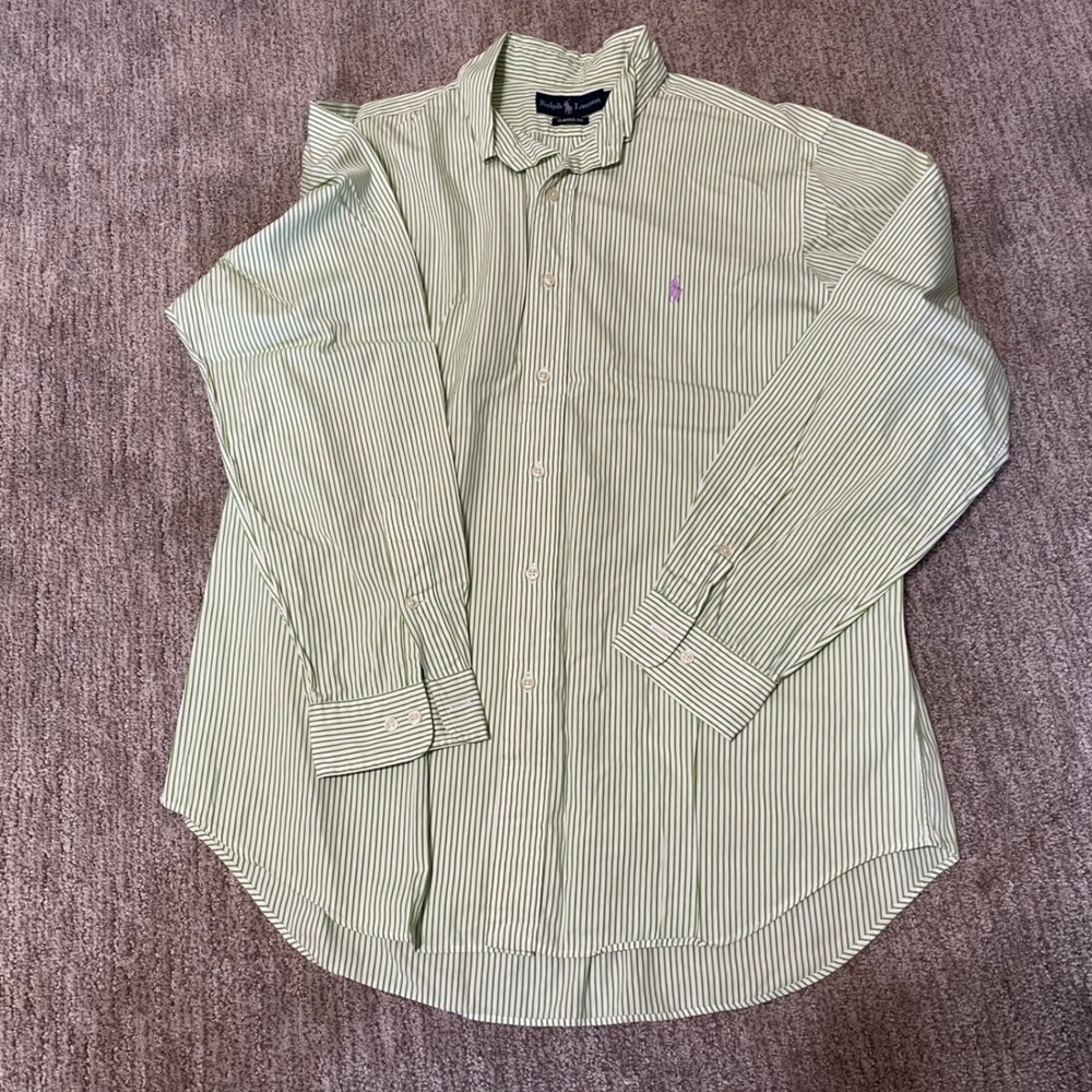 Ralph Lauren Men's Green White Stripe Classic Fit Button Down Shirt 16 34/35
